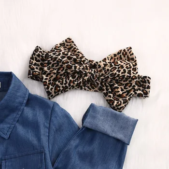 3 stykker langærmet Denim Skjorte Top og Leopard Nederdel Til Toddler Pige med Efteråret Tøj