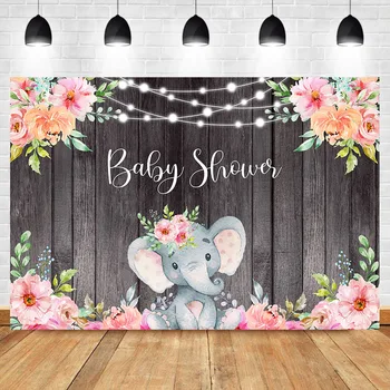 Elefant Baby Brusebad Baggrund Pink Pige Elefant Baggrund String Lys Træ-Blomster Pige Fødselsdag Banner Baggrunde