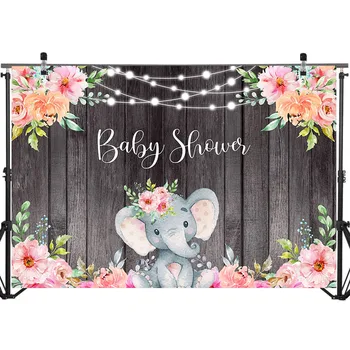 Elefant Baby Brusebad Baggrund Pink Pige Elefant Baggrund String Lys Træ-Blomster Pige Fødselsdag Banner Baggrunde