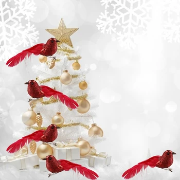 12Pcs Kardinal Klip På juletræet Ornament Døren Pynt med Alligator Klip Knyttet Røde Fjer Kunstige Fugle
