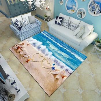Blue Sea Beach middelhavsstil 3D Tæppe Stue sofabord Sovesofa Soveværelse gulvmåtte Brugerdefinerede Vaskbar Strand Skaller