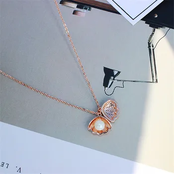 Luksus Kvindelige Shell Vedhæng Halskæde Søde Rose Guld Kæde Crystal Romantisk Lille Perle Halskæde Bryllup