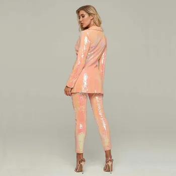 Engros 2020 Ny 2-delt Sæt Pink langærmet Pailletter V-hals pels&bukser sexet To-piece suit kendte Cocktail party dress 11247