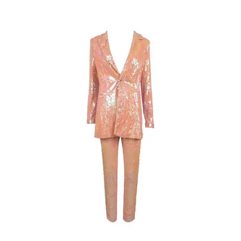 Engros 2020 Ny 2-delt Sæt Pink langærmet Pailletter V-hals pels&bukser sexet To-piece suit kendte Cocktail party dress