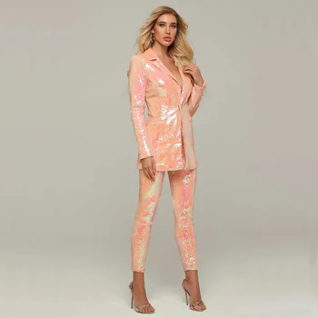Engros 2020 Ny 2-delt Sæt Pink langærmet Pailletter V-hals pels&bukser sexet To-piece suit kendte Cocktail party dress