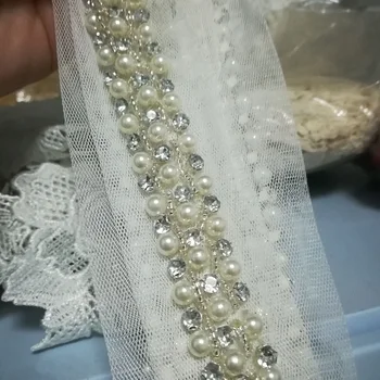 1Yards 4cm Perle med Rhinestone Beaded blondekant Vintage Mesh Stof Pailletter Lace Wedding Dress Dentelle Applique Z200