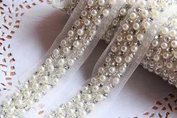 1Yards 4cm Perle med Rhinestone Beaded blondekant Vintage Mesh Stof Pailletter Lace Wedding Dress Dentelle Applique Z200