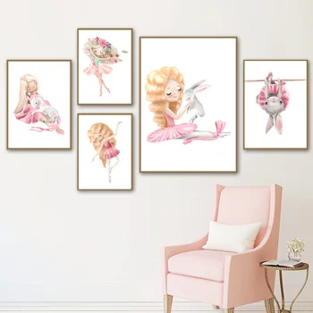 Pink Ballet Pige Bunny Unicorn Børnehave Væg Kunst, Lærred Maleri Nordiske Plakater Og Prints Tegnefilm Væg Billeder Kids Room Decor