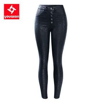 2218 Youaxon EU-Størrelsen Høj Talje Sort Leopard Mønster PU Jeans Kvinde Strække Tynde Denim Jean Bukser Plus Size Jeans Til Kvinder