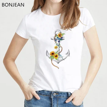 Akvarel Steg Chrysanthemum Anker trykt tshirt kvinder harajuku sommer skjorte top kvindelige t-shirt femme hvid camiseta mujer
