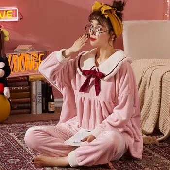 Kvinder Pyjamas Sæt, Efterår Og Vinter, Varm, Flannel Søde Nattøj Lange Ærmer Tøj Hjem Bære Blød Pijamas Sæt Kvindelige