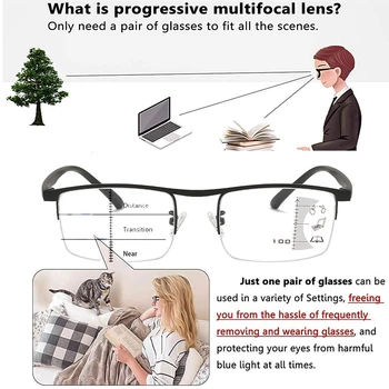 Høj Kvalitet Intelligent progressiv Multifokal læsebriller unisex Anti-blåt lys i Makeup-Halv-Frame Briller 1.0to4.0