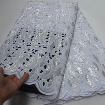 (5yards/pc) high grade handcut Afrikanske organza blonde stof hvid sølv pailletter broderede blonder bryllup part kjole OP128
