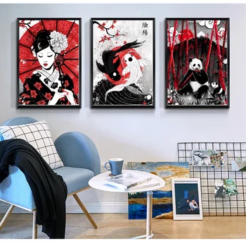 Japan Ruby Geisha Koi Fisk Samurai Panda Sushi Cat Plakat Lærred Kunst Udskriver Male Væggen Billedet for Børn Stue Indretning