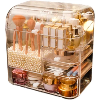 Desktop akryl støvtæt kosmetik opbevaringsboks makeup børste rør læift hudpleje produkter efterbehandling hylde