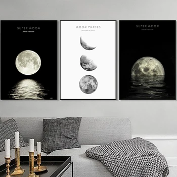Abstract Månens Faser Print på Lærred Maleri Månen Plakat Sort og Hvid POP Kunst på væggene Billeder Til stuen Hjem Kontor Indretning