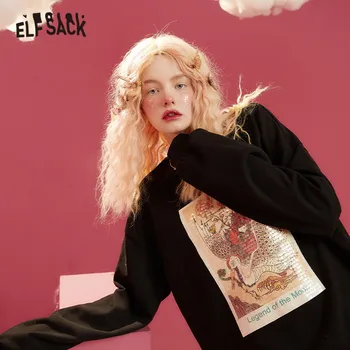ELFSACK Kinesiske Originale Grafiske Casual Pullover Sweatshirt Kvinder,2020 Efteråret Kontrast Pailletter koreansk Kvinde,Daglig Vintage Top