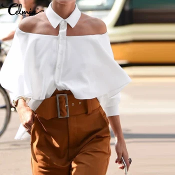 Celmia Top Fashion Kvinder, Off Skulder Sexet Halterneck Shirts 2021 Efteråret Hvid Bluse Med 3/4 Ærme Casual Fast Kontor Elegante Blusas