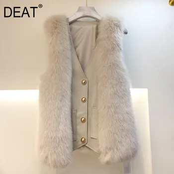 DEAT 2021 nye foråret og vinteren, V-hals uden ærmer pels patchwork PU læder single breasted høj kvalitet vest jakke WO44012