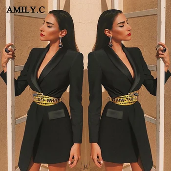 Amily.c 2020 nye smarte sorte kjole med lange ærmer med bælte revers krave lomme design party club mini kjole