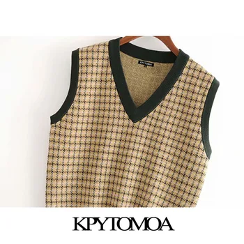 KPYTOMOA Kvinder 2020 Mode, Med Ribbede Trim Plaid Strikket Vest Sweater Vintage V-Hals uden Ærmer Kvindelige Vest Smarte Toppe