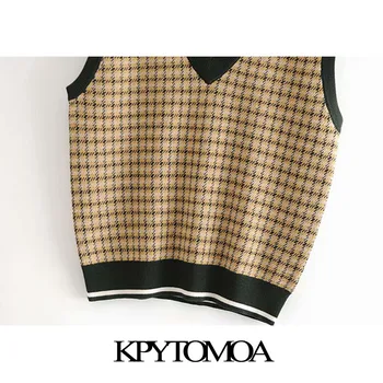 KPYTOMOA Kvinder 2020 Mode, Med Ribbede Trim Plaid Strikket Vest Sweater Vintage V-Hals uden Ærmer Kvindelige Vest Smarte Toppe