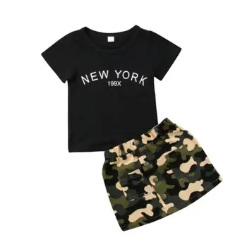 Sommer Fashion Cool Mode Bomuld Småbørn Kid Baby Girl Sort Bogstav-Print-Top T-shirt Camouflage Mini-Knappen Nederdel Tøj