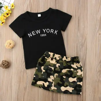 Sommer Fashion Cool Mode Bomuld Småbørn Kid Baby Girl Sort Bogstav-Print-Top T-shirt Camouflage Mini-Knappen Nederdel Tøj