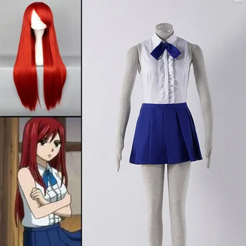 Dyr Fairy Tail Cosplay Kostumer Erza Scarlet Hvid Skjorte Og Blå Nederdel Cosplay Sæt Tøj Til Kvinder Halloween Party Dress