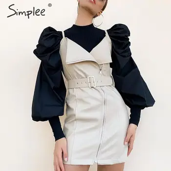 Simplee Puff ærmer patchwork kvinder bluse shirt-Smart langærmet kvindelige strikket toppe shirts Slanke party club damer bluser 2019