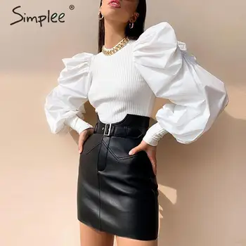 Simplee Puff ærmer patchwork kvinder bluse shirt-Smart langærmet kvindelige strikket toppe shirts Slanke party club damer bluser 2019