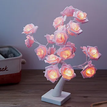 LED Hvid Pink Rose Blomst Seng Soveværelse Night Light bordlampe Home Decor Simulering Træ Bryllup julefrokost bordlampe