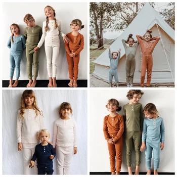 Kid Ribbet Monteret Pyjamas Top og Pants Sæt Unisex Drenge Piger Tøj Barn Tøj PJ Nattøj Nattøj
