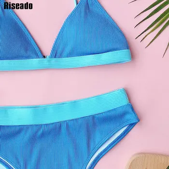 Riseado Push Up Bikini Sæt Høj Talje Badedragt Kvinder High Cut Badetøj Patchwork Biquini Ribbet Badetøj 2021 Sommer