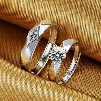 2020 Nye 925 Sølv Geometriske forlovelsesringe Sæt Zirconia Parrets Ringe Justerbar Bryllup Band Smykker Tilbehør Anillo