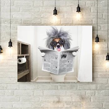 Dog læser avis væg kunst, lærred, plakat print sjov hund at male væggen billedet familie badeværelse dekoration dog elsker gave