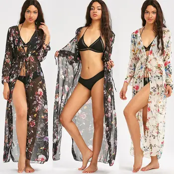 Sommeren Kvinder Long Beach Dress Badetøj Chiffon Cardigan Kaftan Bikini Dække OP 2018 Ferie Mærke Blomster Perspektiv Sundress