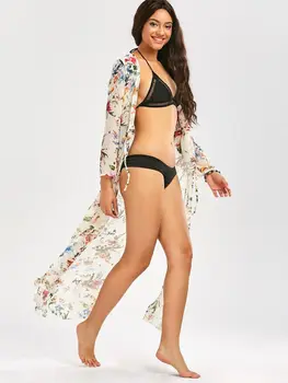 Sommeren Kvinder Long Beach Dress Badetøj Chiffon Cardigan Kaftan Bikini Dække OP 2018 Ferie Mærke Blomster Perspektiv Sundress