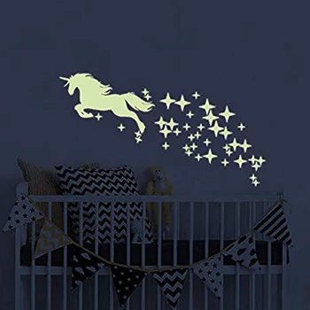 Unicorn vægoverføringsbilleder Glød i Mørke Stjerner Eventyr, Fairy Unicorn Wall Stickers til DIY Børn Piger Soveværelse Hjem Nursery Room
