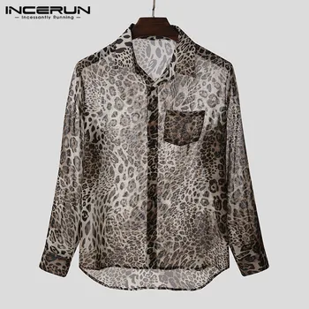 INCERUN Mode Mænd Shirt Leopard Print Gennemsigtig Revers 2021 Streetwear-Knappen Camisas Lange Ærmer Sexet Fest Natklub Shirts