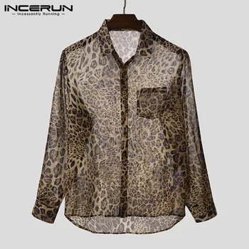 INCERUN Mode Mænd Shirt Leopard Print Gennemsigtig Revers 2021 Streetwear-Knappen Camisas Lange Ærmer Sexet Fest Natklub Shirts