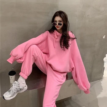 Lucyever 2 Stykker Sæt Hætteklædte Sweatshirts Kvinder Vinteren Varmt Plus Velvet Rose Pink Hættetrøje Solid Passer Hjem Sweatpants To Outfits