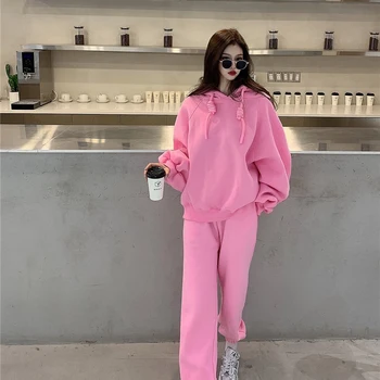 Lucyever 2 Stykker Sæt Hætteklædte Sweatshirts Kvinder Vinteren Varmt Plus Velvet Rose Pink Hættetrøje Solid Passer Hjem Sweatpants To Outfits