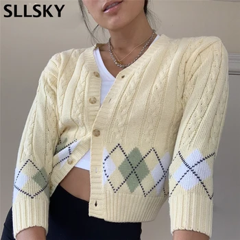 SLLSKY Gul Y2K Argyle Beskåret Cardigan Kvinder Foråret Efteråret Søde Casual Strikket Sweater med V-Hals Slim Vintage Damer Streetwear