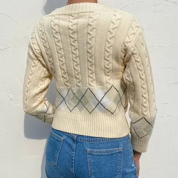 SLLSKY Gul Y2K Argyle Beskåret Cardigan Kvinder Foråret Efteråret Søde Casual Strikket Sweater med V-Hals Slim Vintage Damer Streetwear