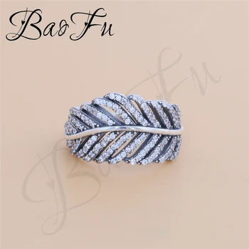 Baofu 925 Sterling Sølv Ring Skinnende Fjer Og Blade Crystal Populære Kvinders Oprindelige Vielsesring Gave Høj Smykker 11862