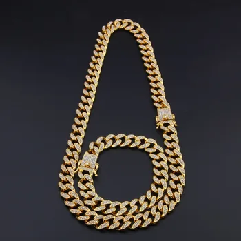 13mm Miami Cubanske Kæde Guld Sølvfarvet Halskæde Armbånd Iced Out Krystal Rhinestone Hip Hop for Mænds Smykker Halskæder