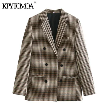 KPYTOMOA Kvinder 2020 Mode Kontor Slid Dobbelt Breasted Ternet Blazer Vintage Pels Lange Ærmer, Lommer Kvindelige Overtøj Smarte Toppe