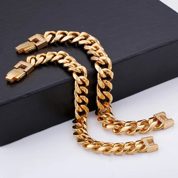 Italien Guld Rustfrit Stål Cubanske Kæde Armbånd Til Mænd Mode Høj Poleret Zirkonia Chunky Wrap Armbånd Smykker