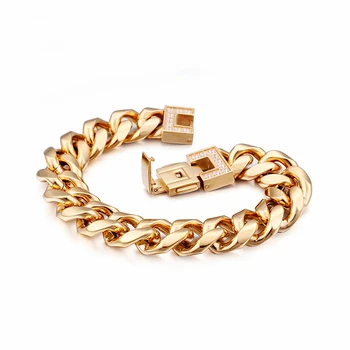 Italien Guld Rustfrit Stål Cubanske Kæde Armbånd Til Mænd Mode Høj Poleret Zirkonia Chunky Wrap Armbånd Smykker